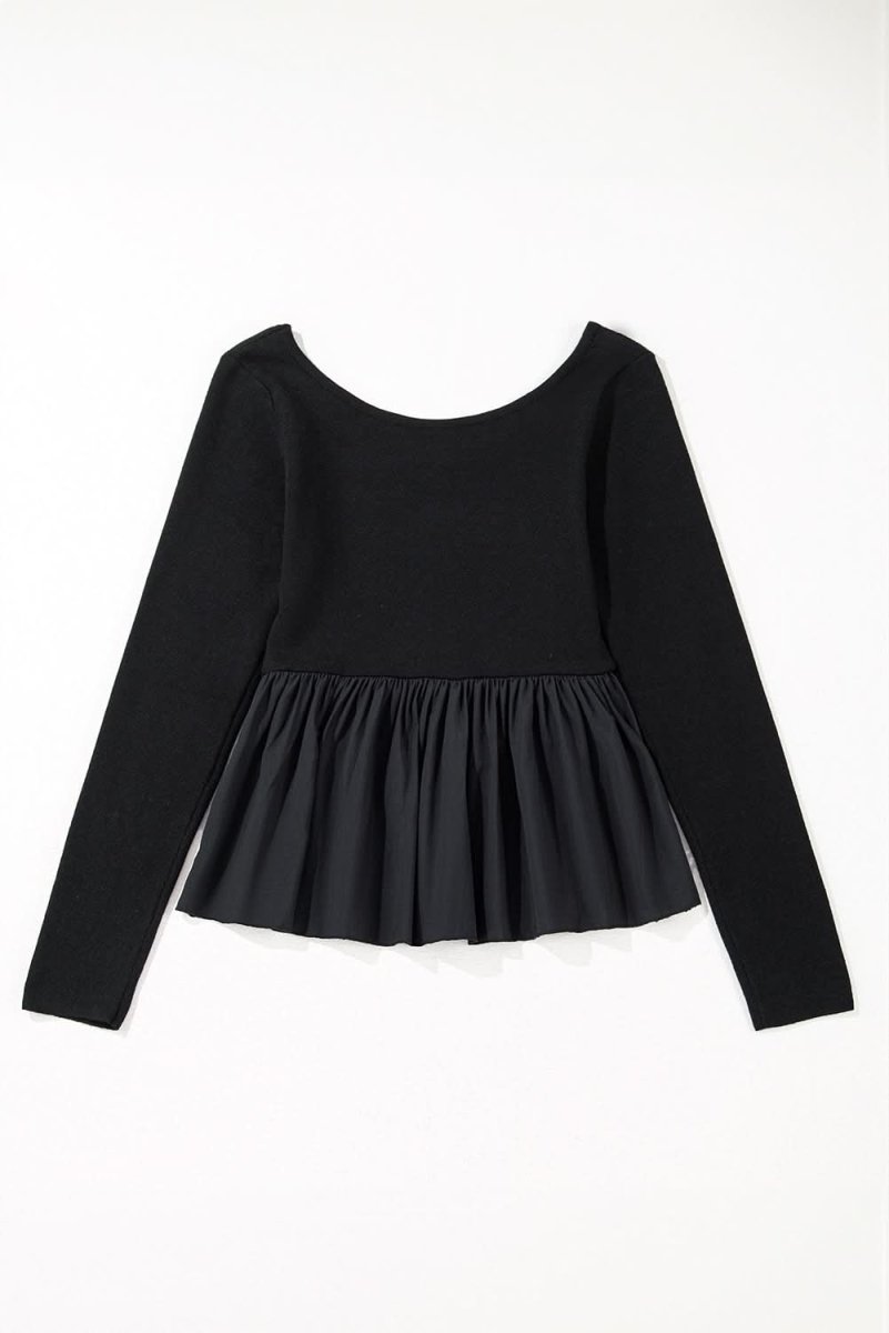Black Ribbed Knit Long Sleeve Scoop Neck Peplum Patchwork Top - Love Salve
